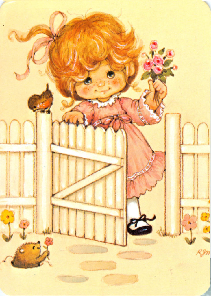 rmpostcardgirlholdingflowersatthegateofthefencemm x