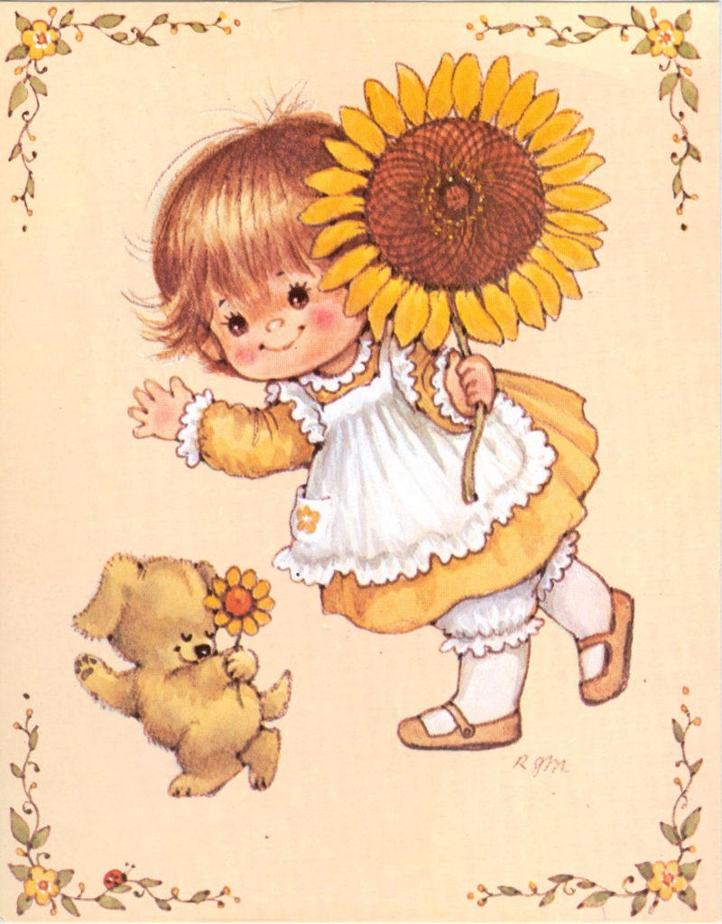 rmpostcardgirlholdingsunflowermm x