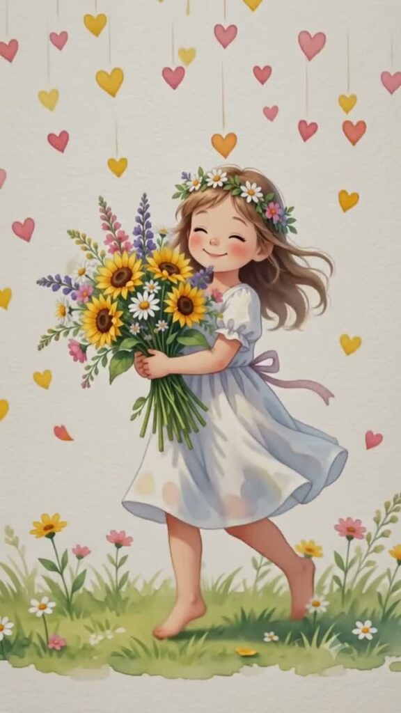 Niña con Girasoles y Corazones
