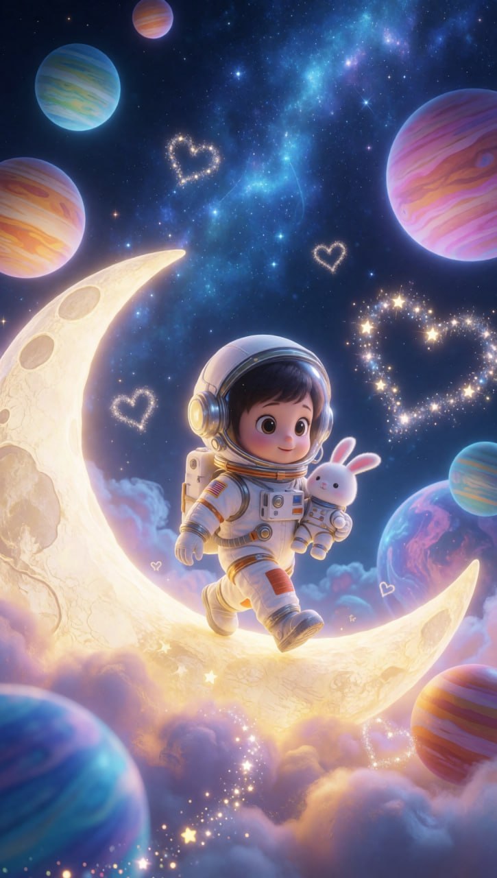 Niño astronauta en luna creciente