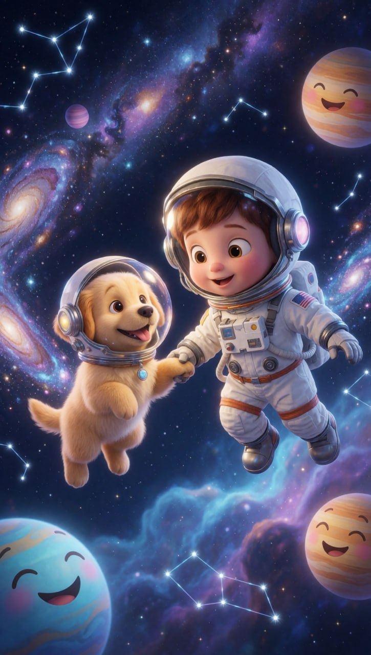Bebé astronauta con cachorro espacial