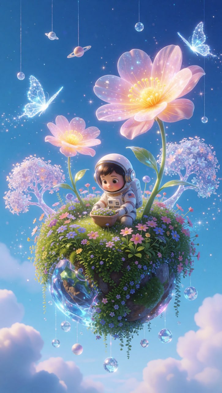 Astronauta en isla flotante mágica