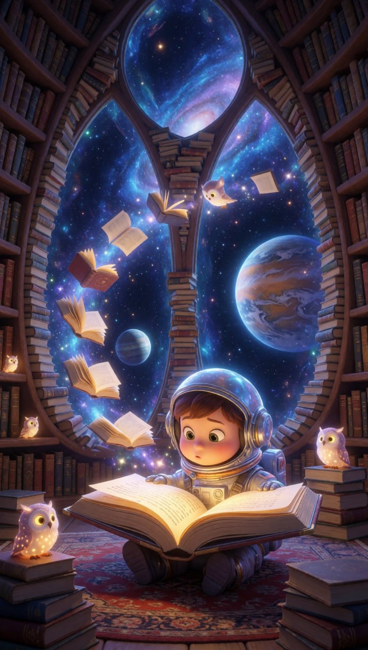Bebé astronauta leyendo en biblioteca espacial