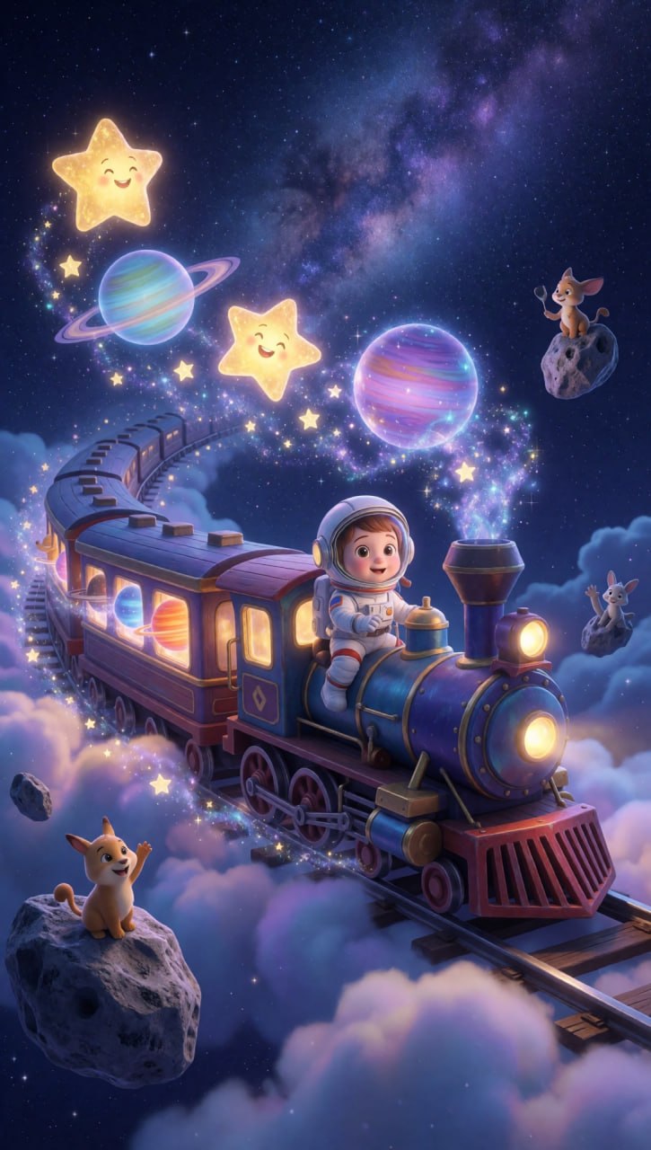 Tren mágico espacial con astronauta
