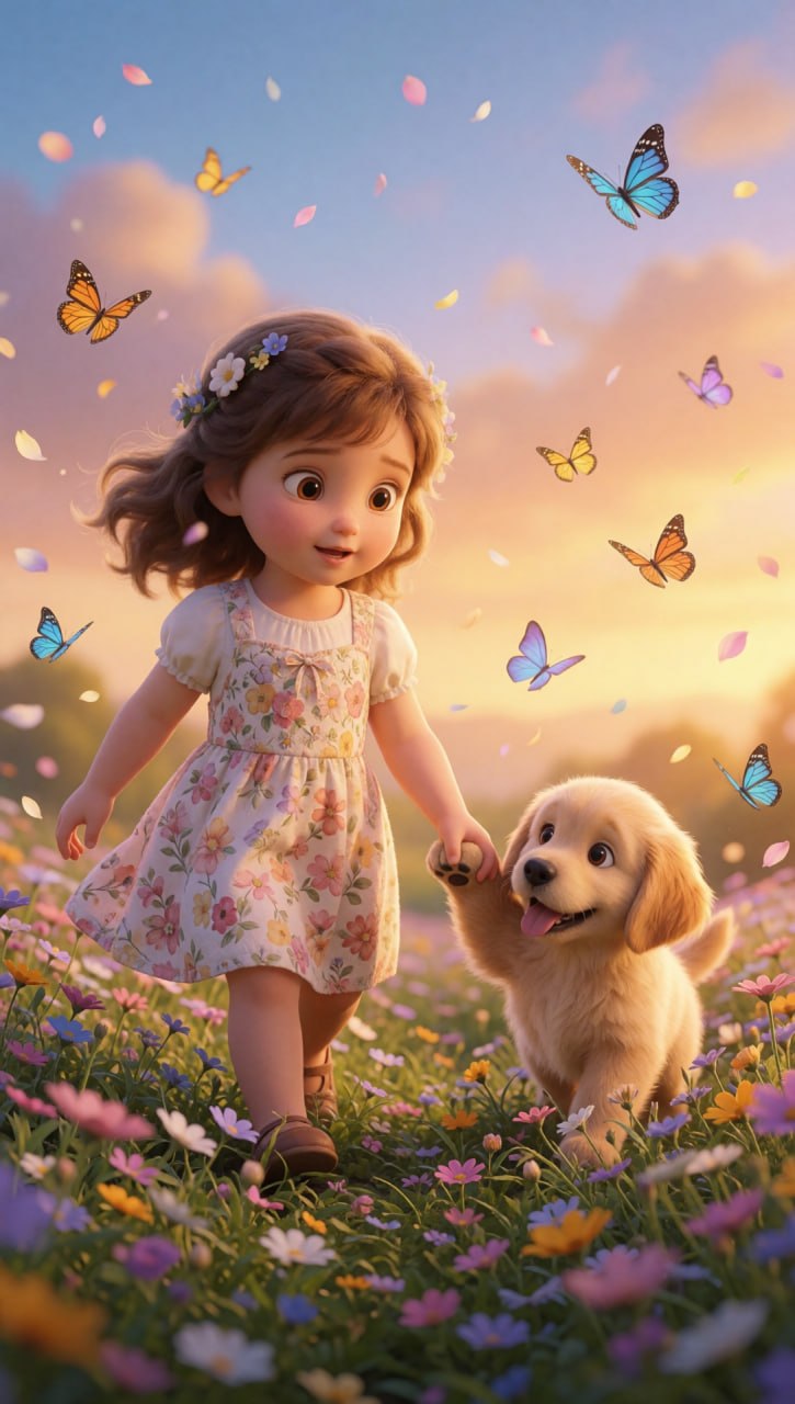 Niña tomando la pata de su cachorro en el campo