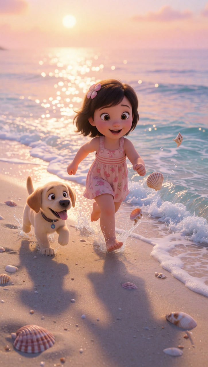 Niña con perrito corriendo en la playa al atardecer