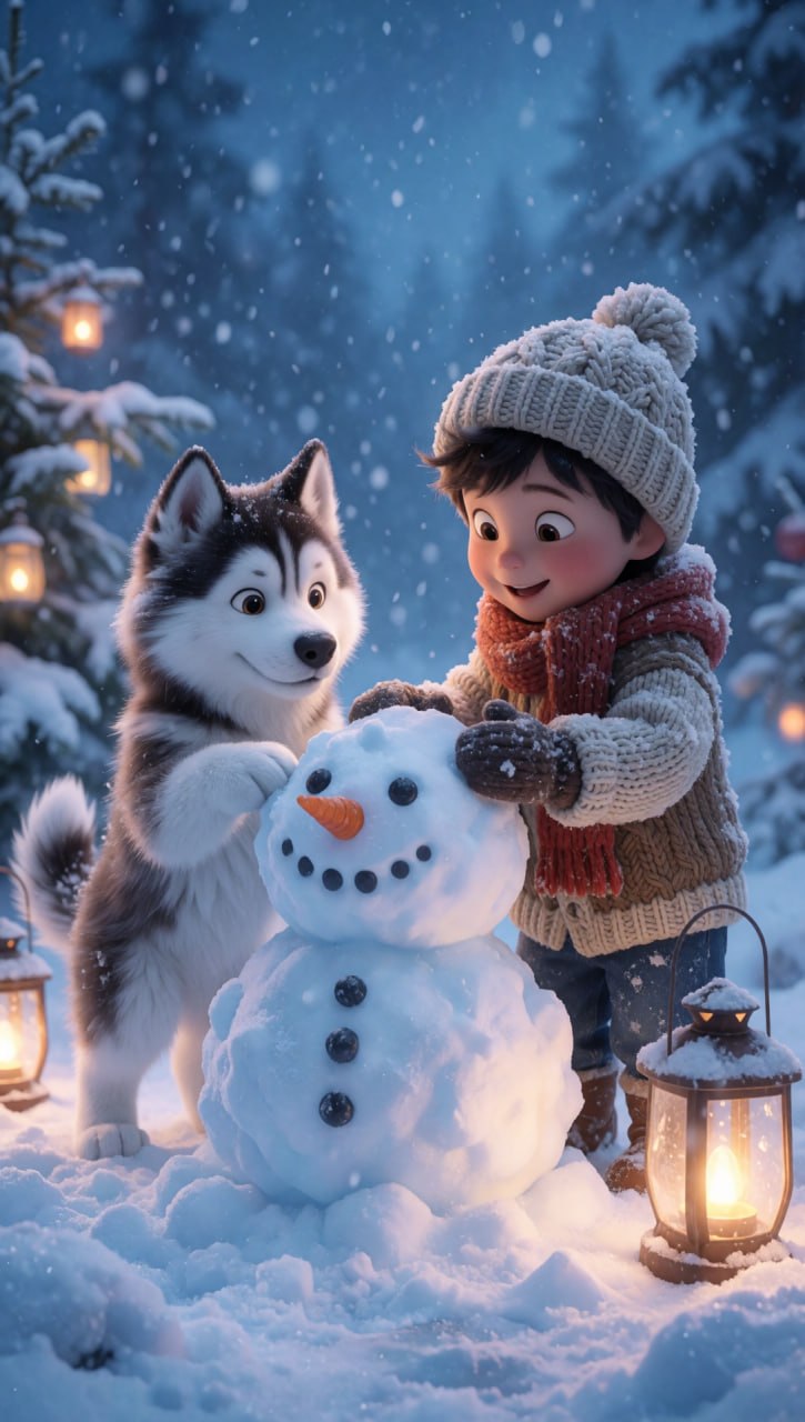 Niño con husky haciendo un muñeco de nieve