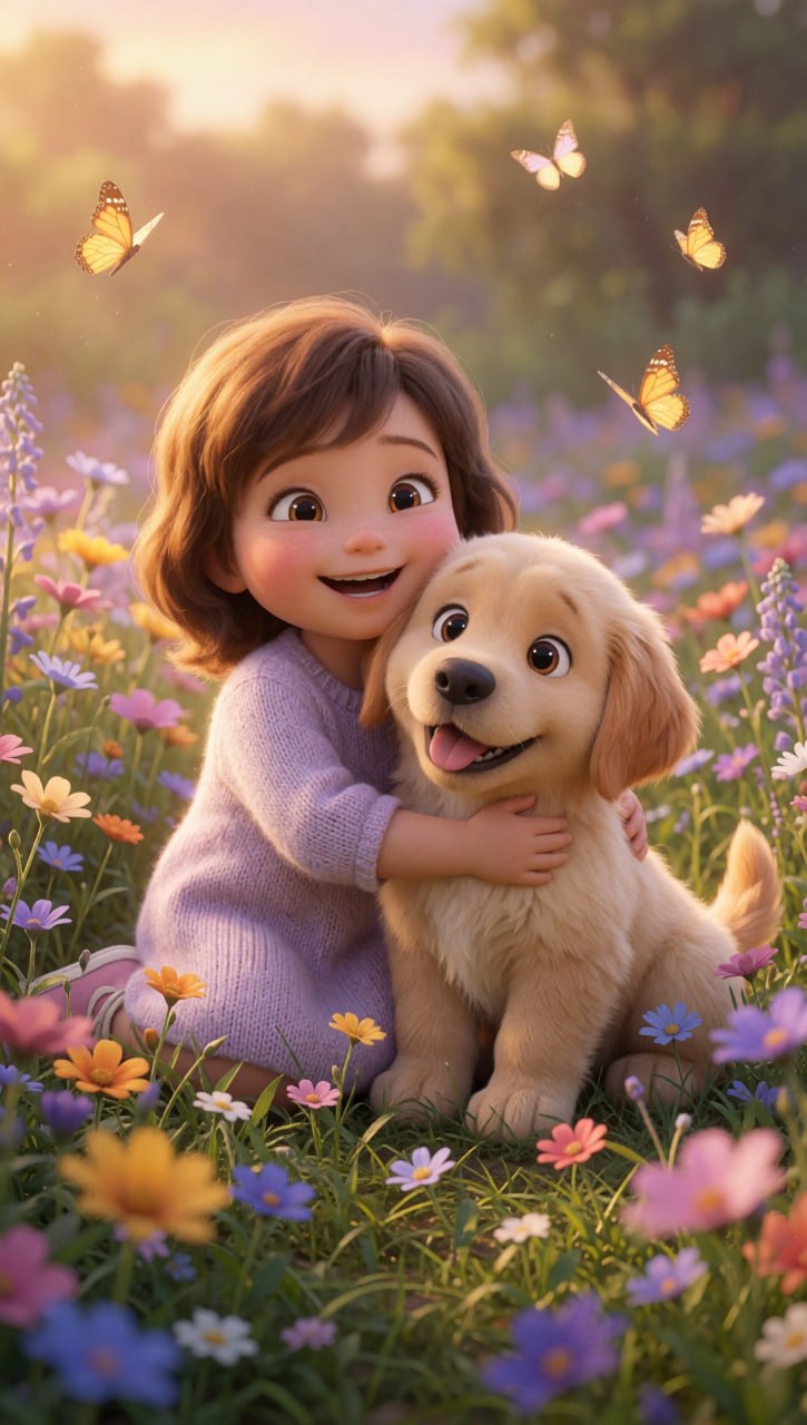 Niña abrazando a su cachorro en el prado