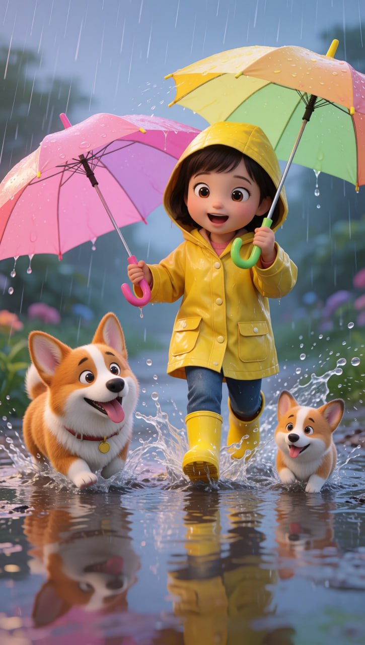 Niña con corgis bajo la lluvia