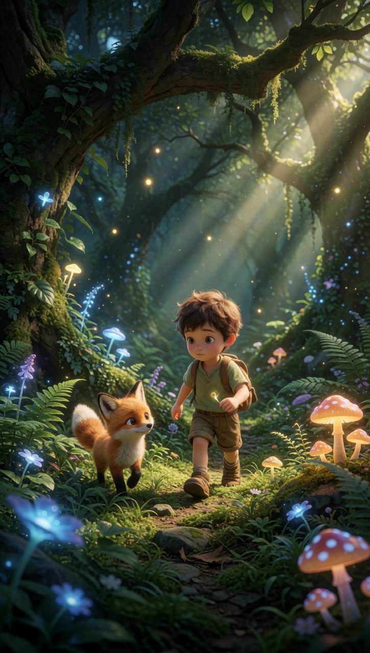Niño explorador con zorro en el bosque encantado