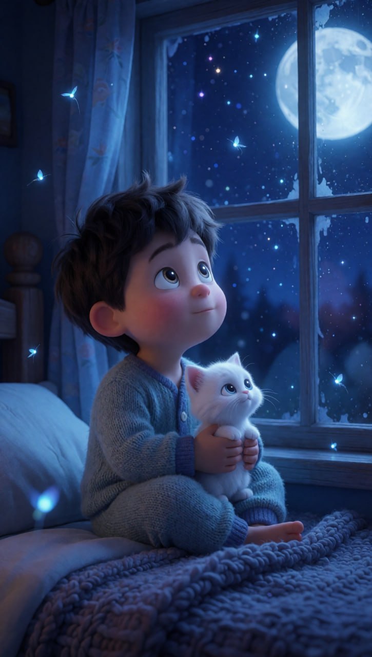 Niño con gatito mirando la luna
