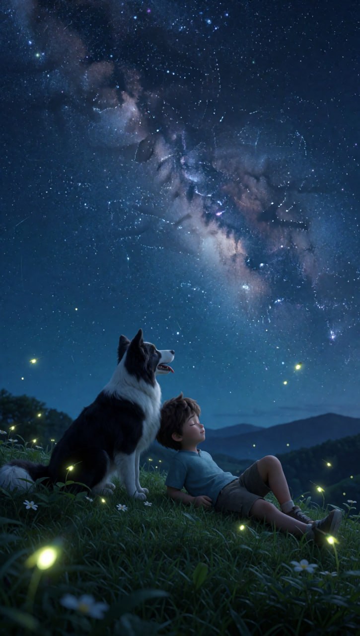 Niño y perro bajo la Vía Láctea