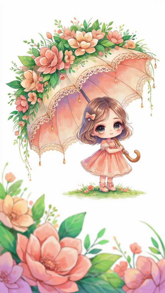 🌂 Chibi Paraguas – Castana Coral