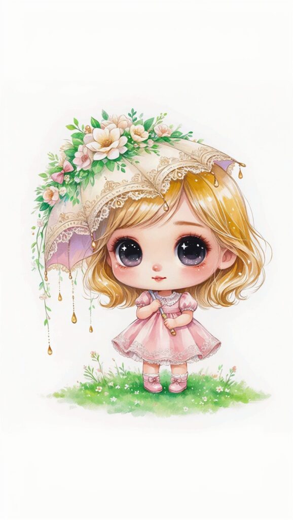 🌂 Chibi Paraguas – Rubia Rosa