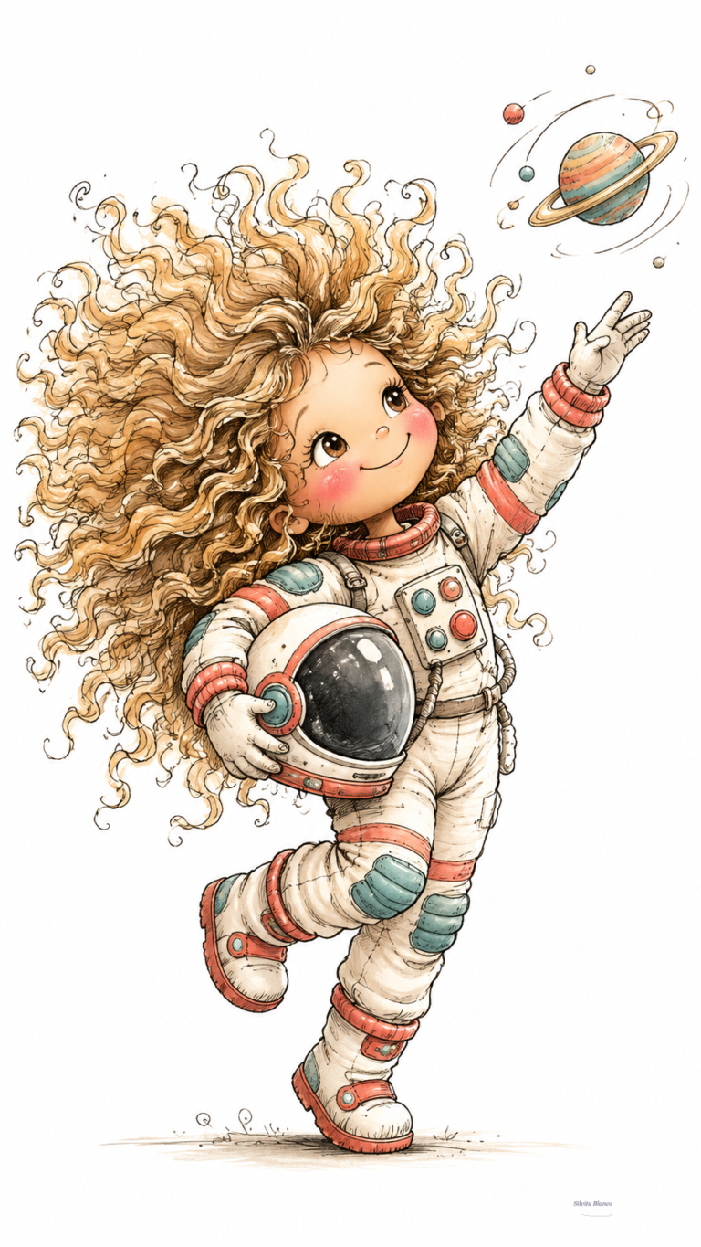 Niña de cabello rizado y vestido moderno explora el espacio con su traje de astronauta.