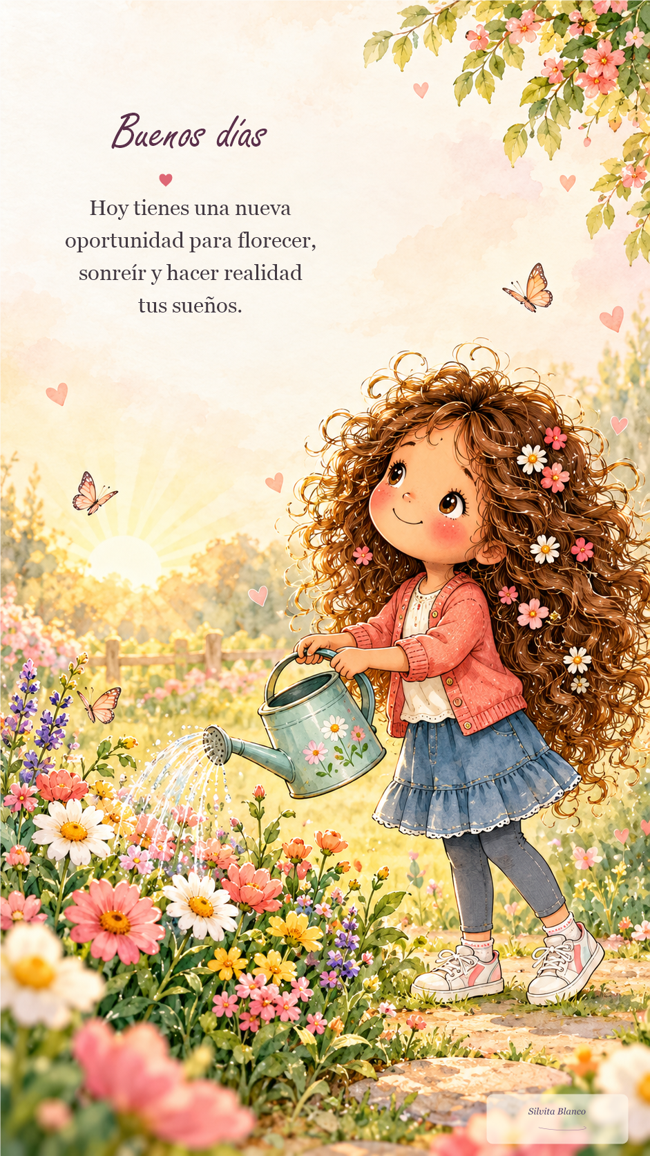 Niña de acuarela riega flores en un jardín al amanecer. El cartel dice: “Hoy tienes una nueva oportunidad para florecer, sonreír y hacer realidad tus sueños”.