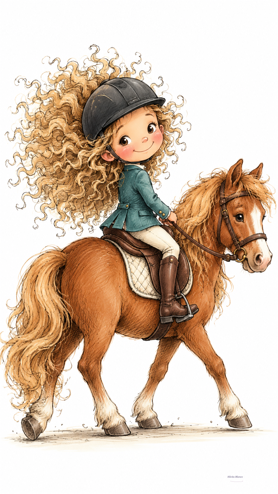 Niña de cabello rizado monta un caballo marrón en una ilustración de acuarela.