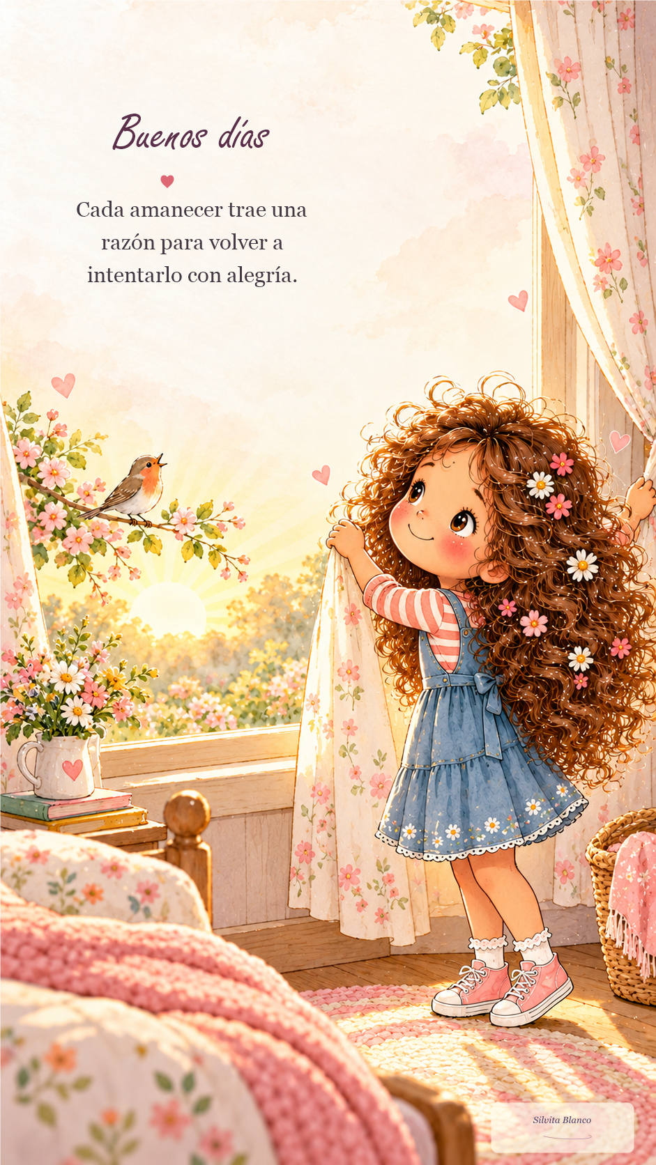 Niña de acuarela abre las cortinas y recibe la mañana. El cartel dice: “Cada amanecer trae una razón para volver a intentarlo con alegría”.