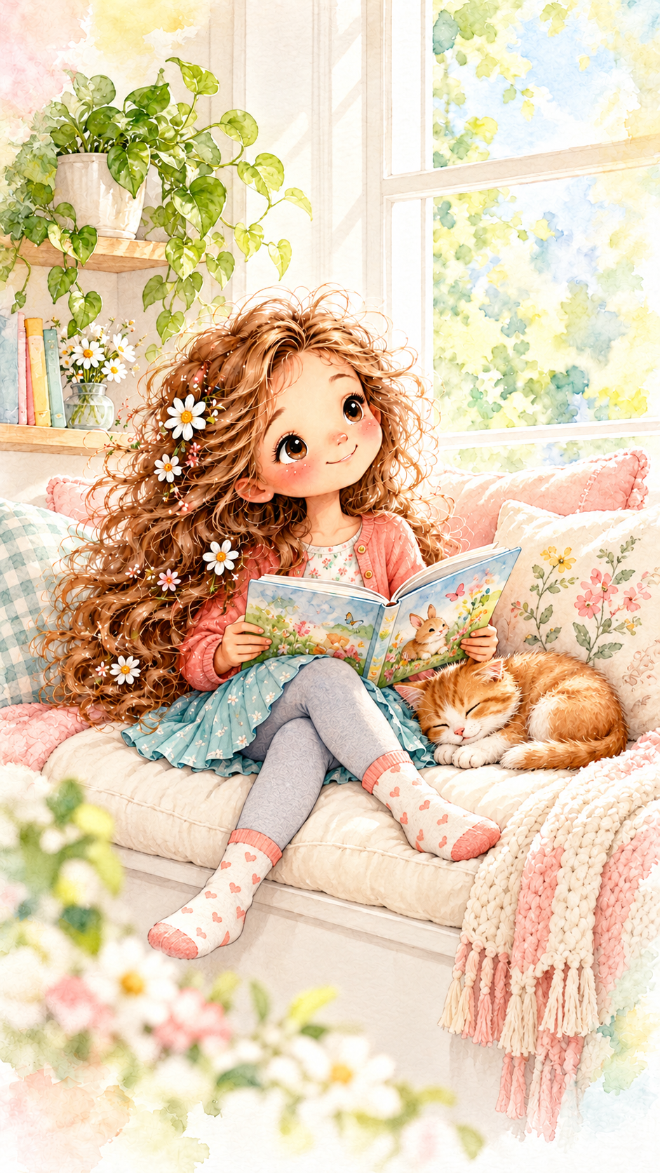 Niña lee un libro junto a una ventana mientras descansa un gatito.