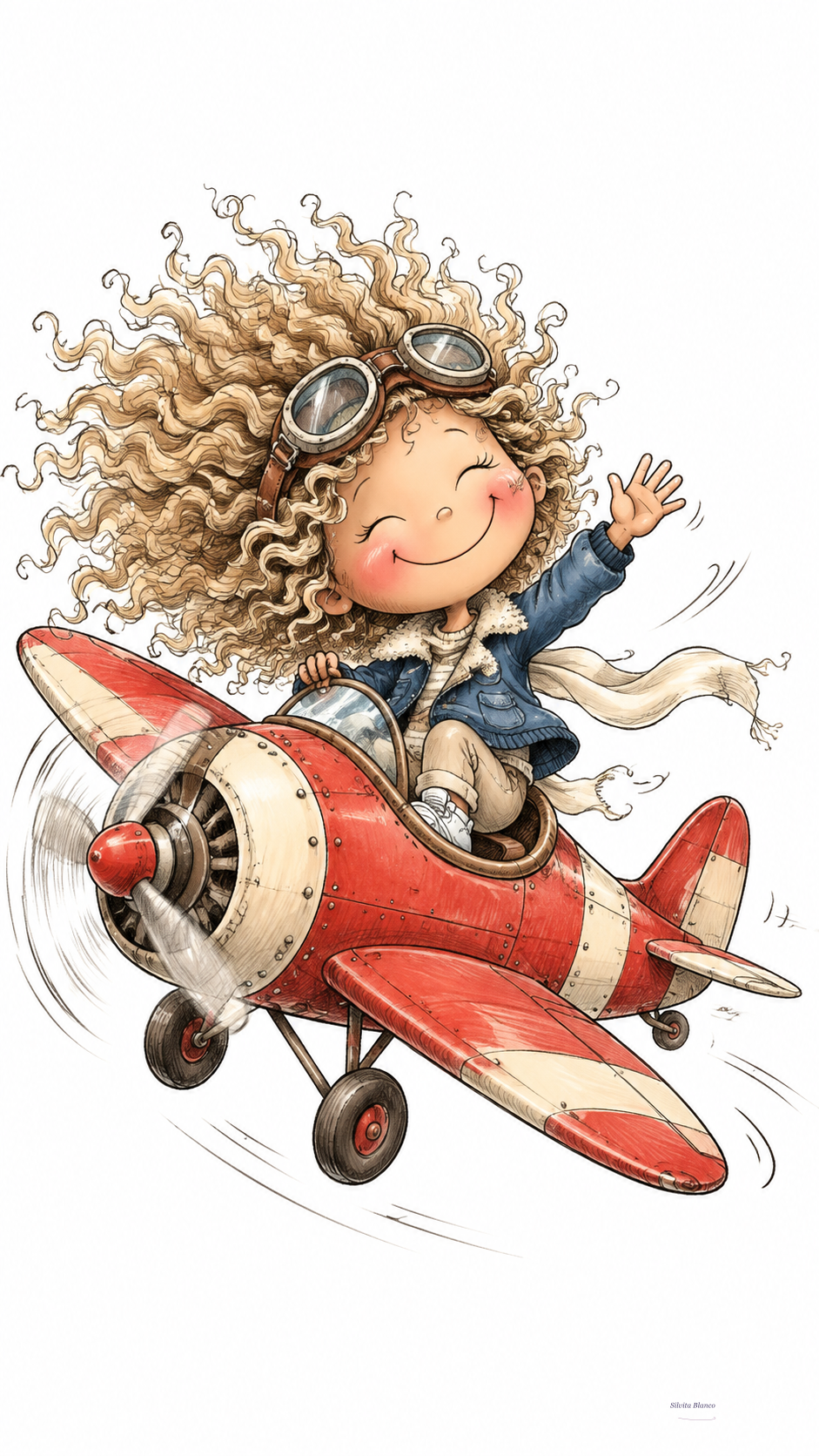 Niña de cabello rizado viaja en un avioncito en una escena infantil de acuarela.
