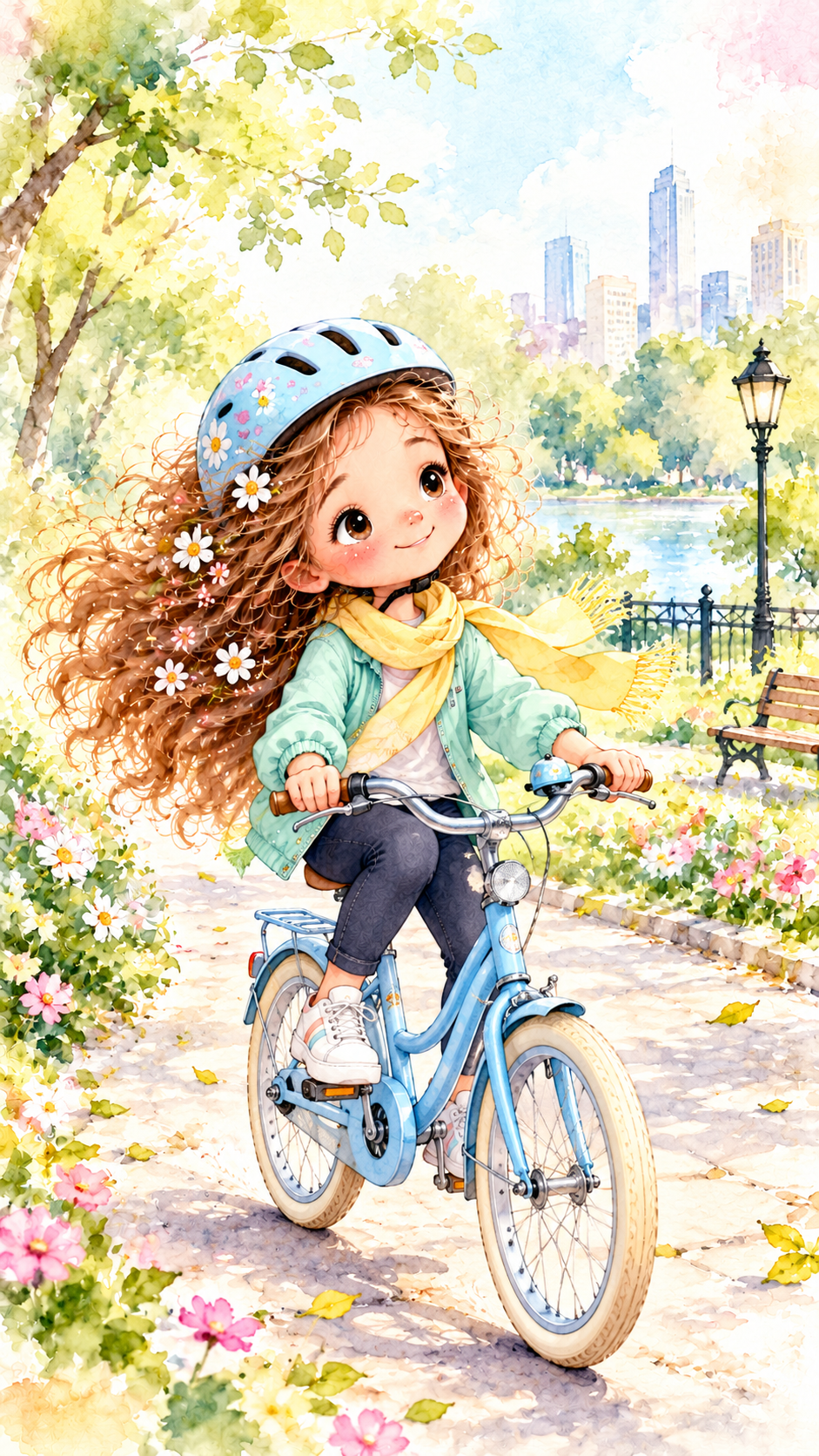 Niña pasea en bicicleta por un parque lleno de flores.