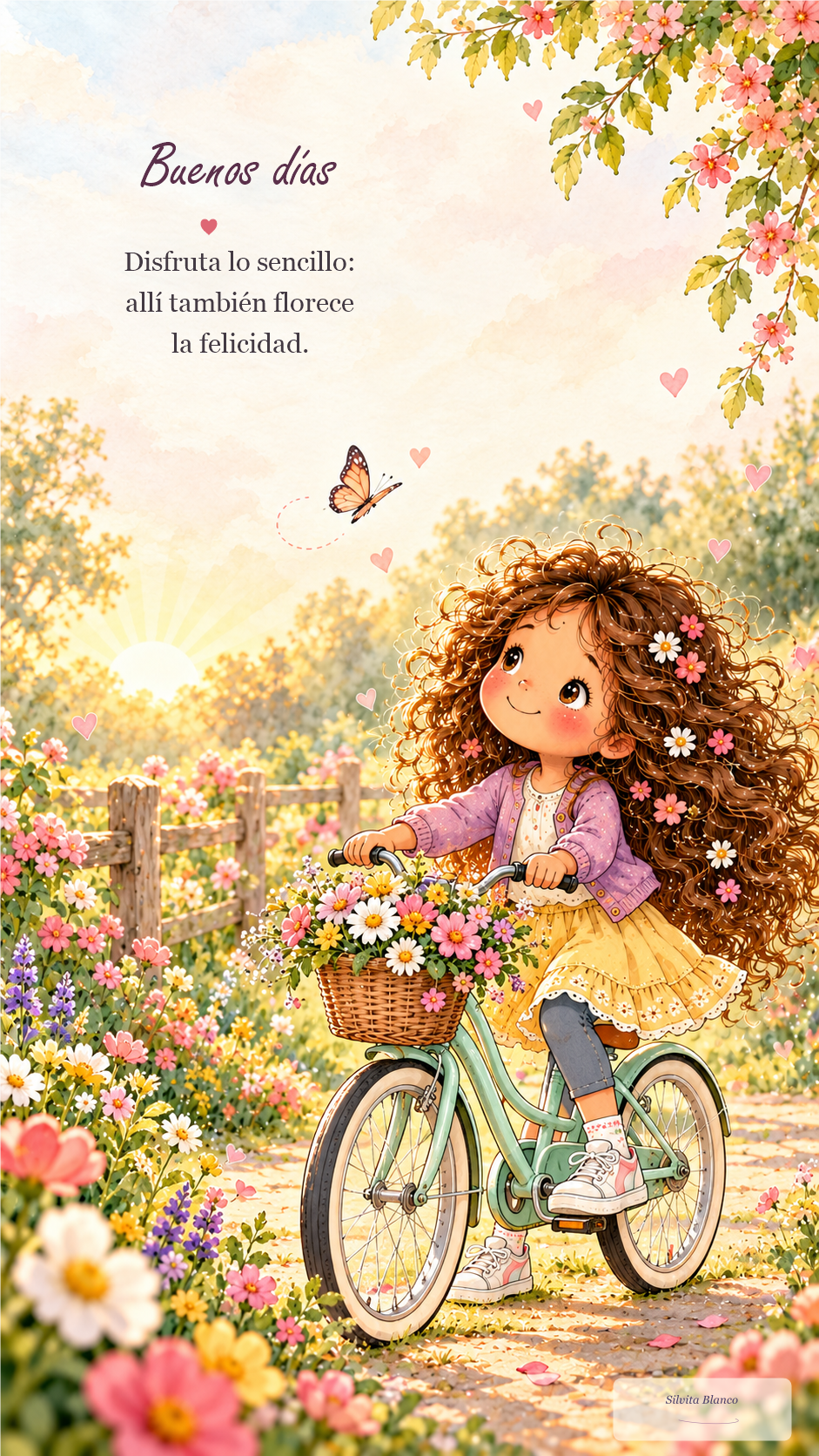 Niña de acuarela pasea en bicicleta entre flores. El cartel dice: “Disfruta lo sencillo: allí también florece la felicidad”.
