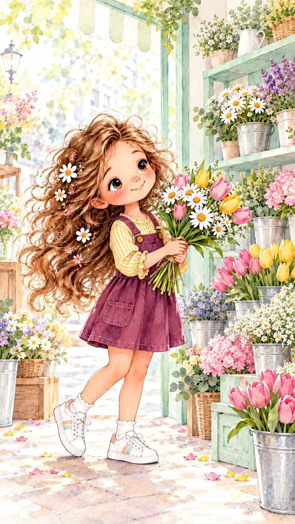 Niña elige un ramo de flores en una pequeña florería.