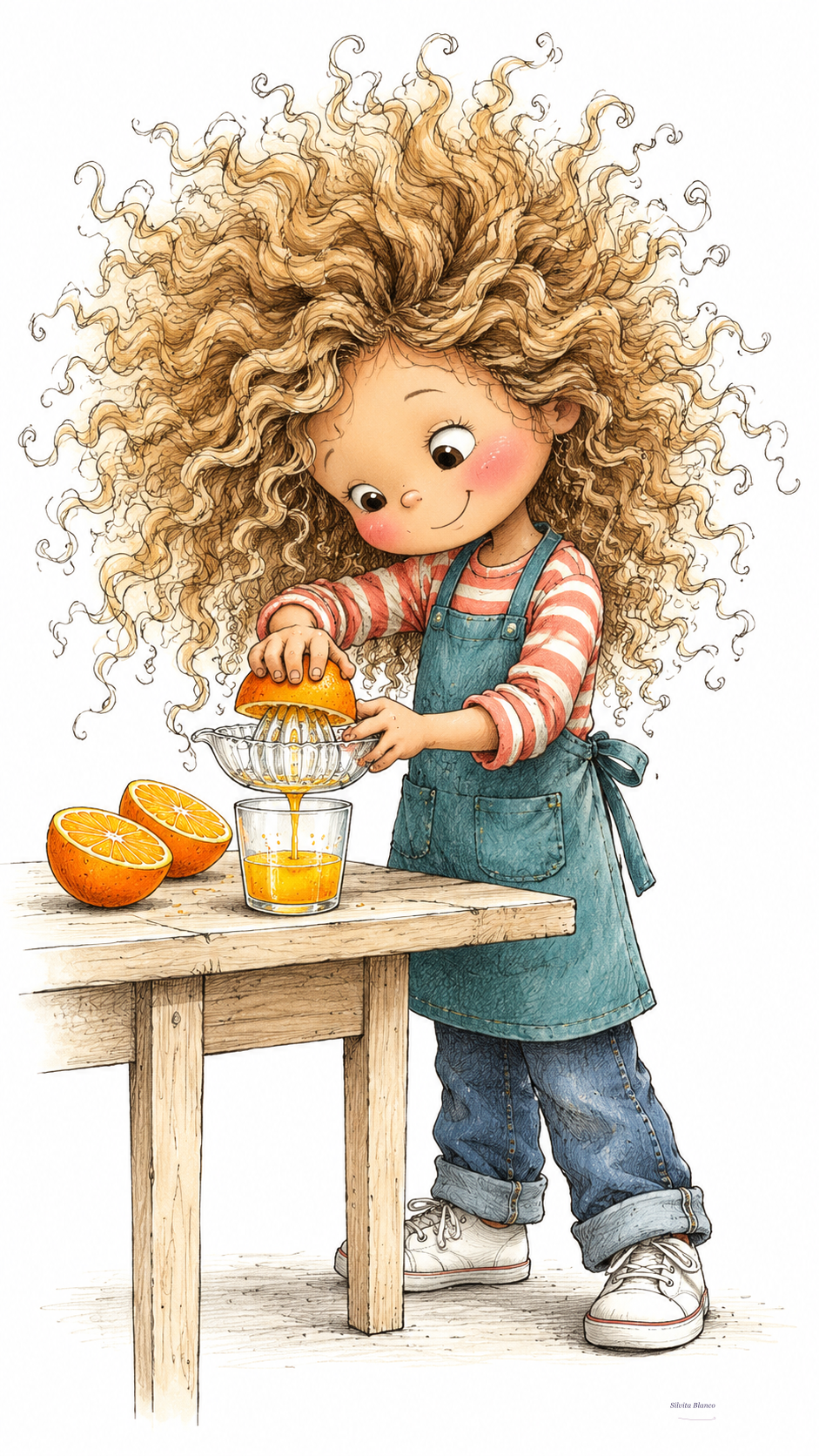 Niña exprime una naranja sobre un vaso en la mesa.