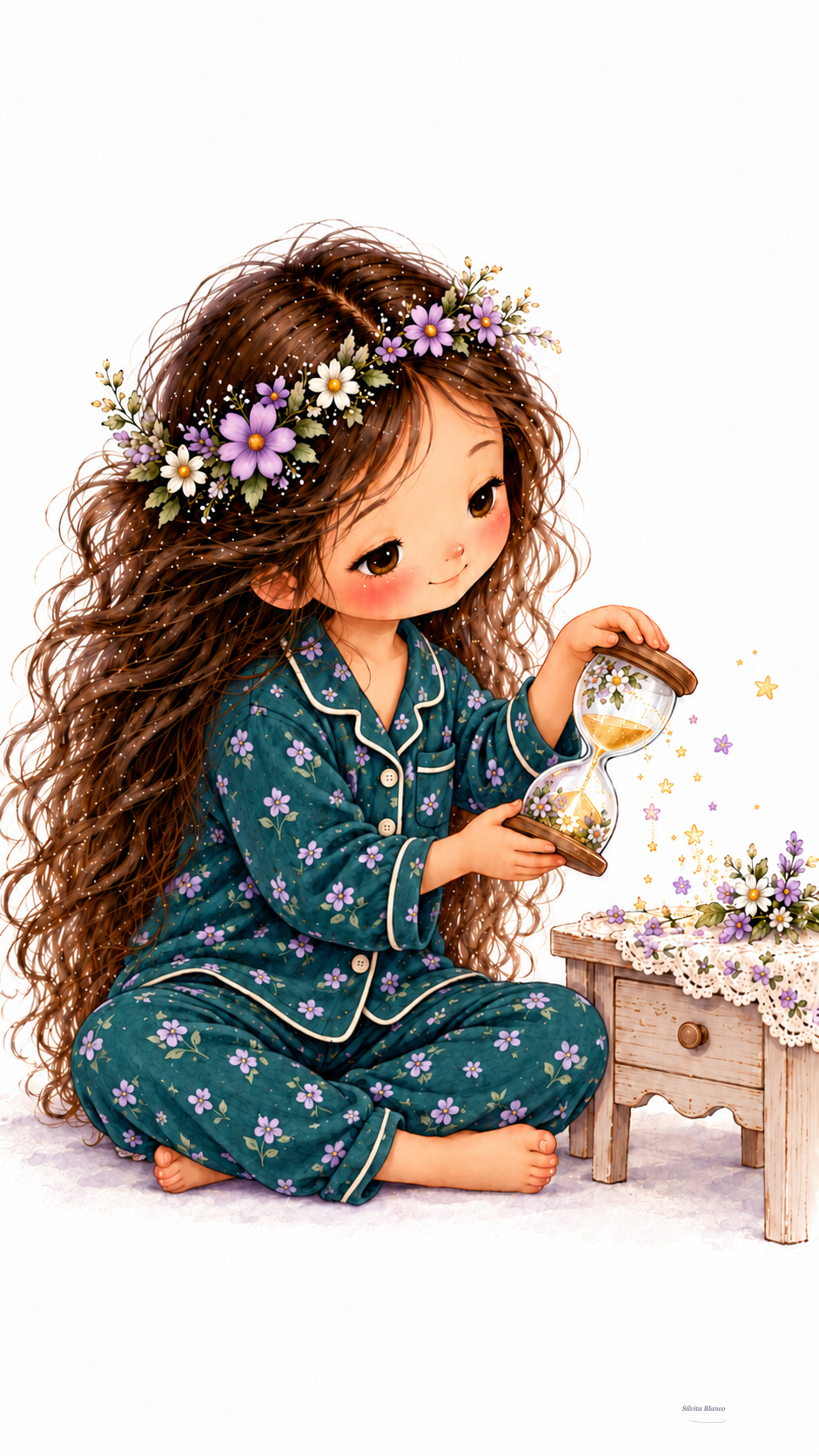 Niña en pijama verde observa un reloj de arena junto a un pequeño ramo de flores.