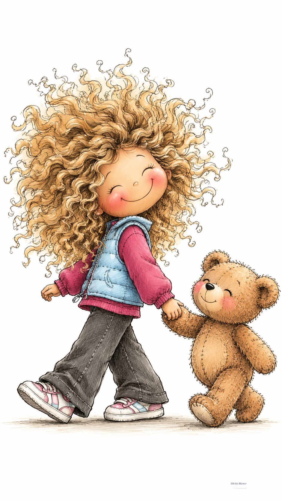Niña de cabello rizado pasea con su peluche en una escena infantil de acuarela.