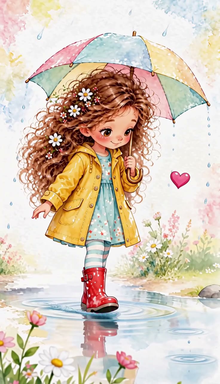 Niña caminando bajo la lluvia de corazones
