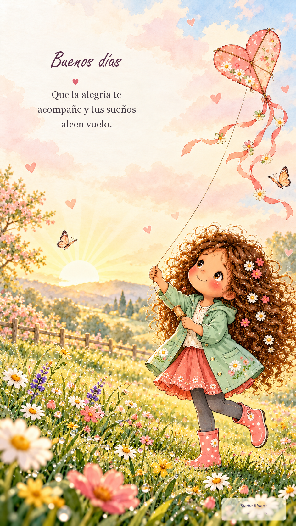 Niña de acuarela eleva un barrilete con forma de corazón. El cartel dice: “Que la alegría te acompañe y tus sueños alcen vuelo”.