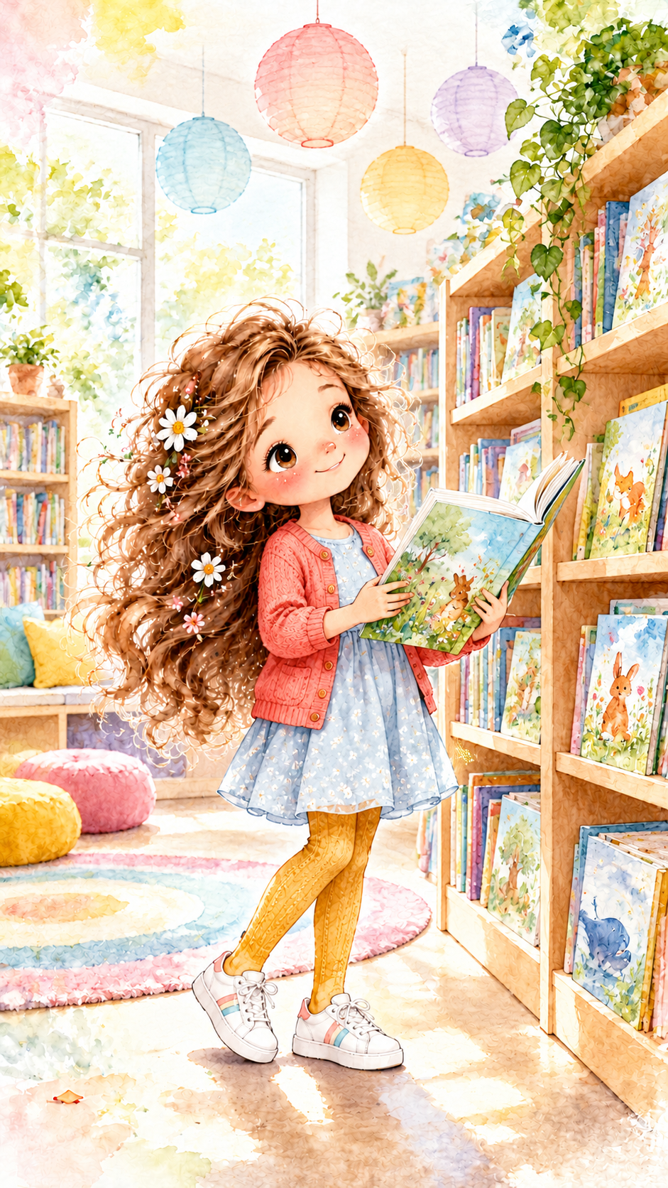 Niña descubre libros en una biblioteca infantil colorida.