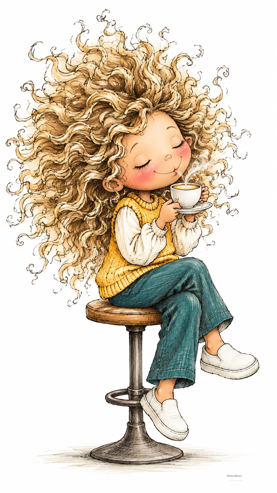 Niña se sienta con una taza en una escena de juego imaginativo.