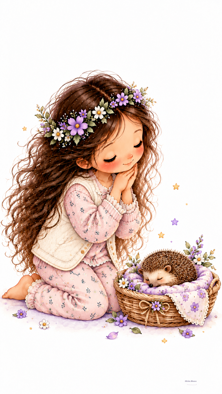 Niña observa con ternura a un pequeño erizo dormido en su nido.