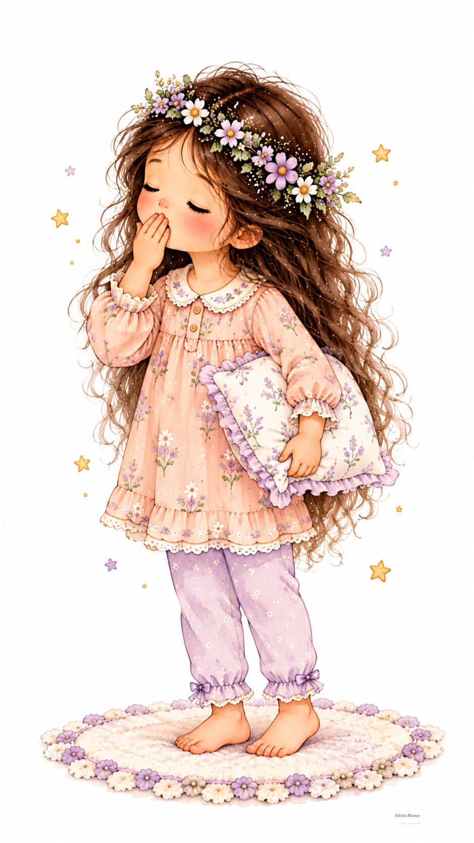 Niña con camisón y pantalones lilas bosteza mientras sostiene una almohada.