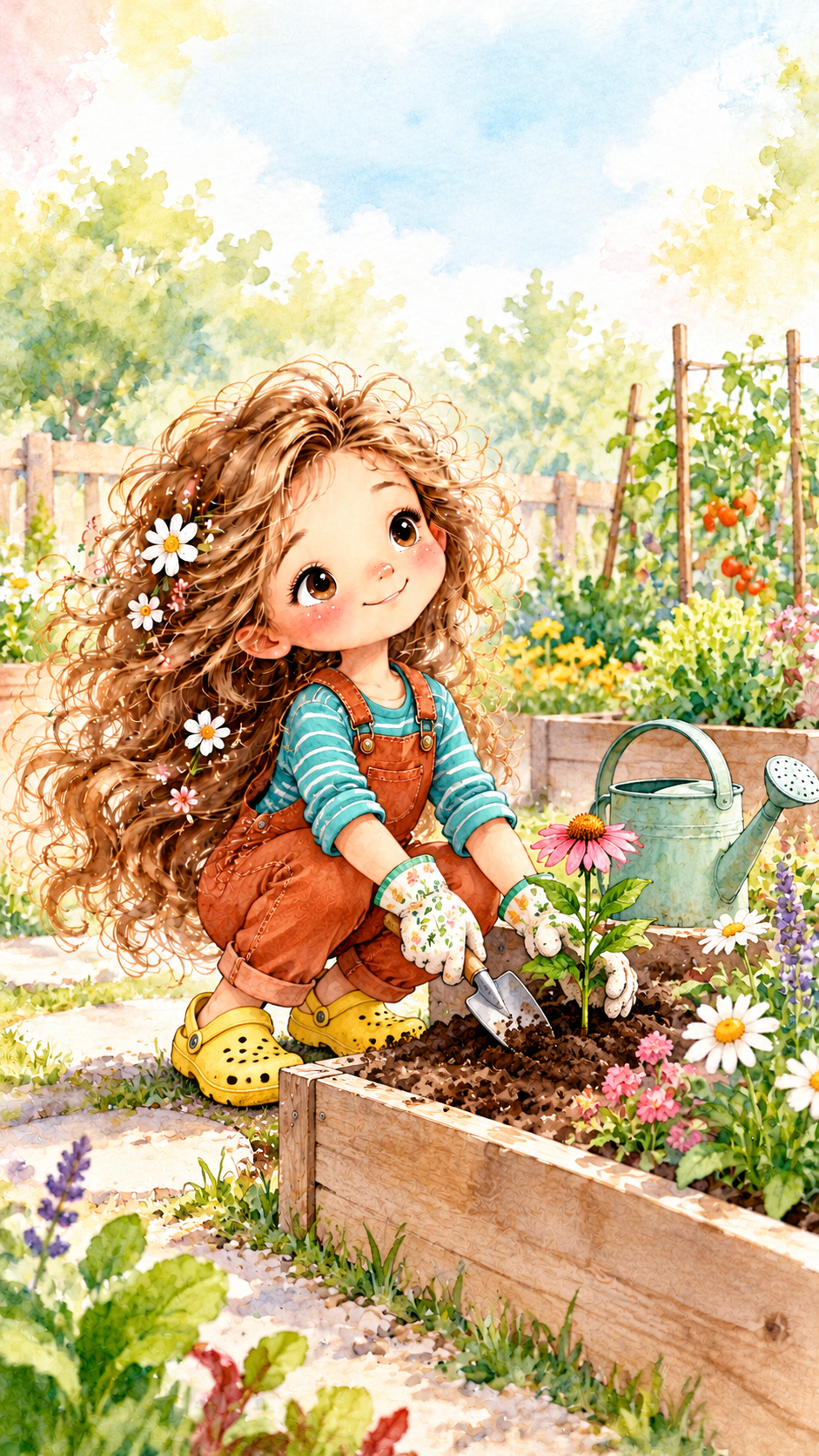Niña cuida plantas y verduras en una huerta comunitaria.
