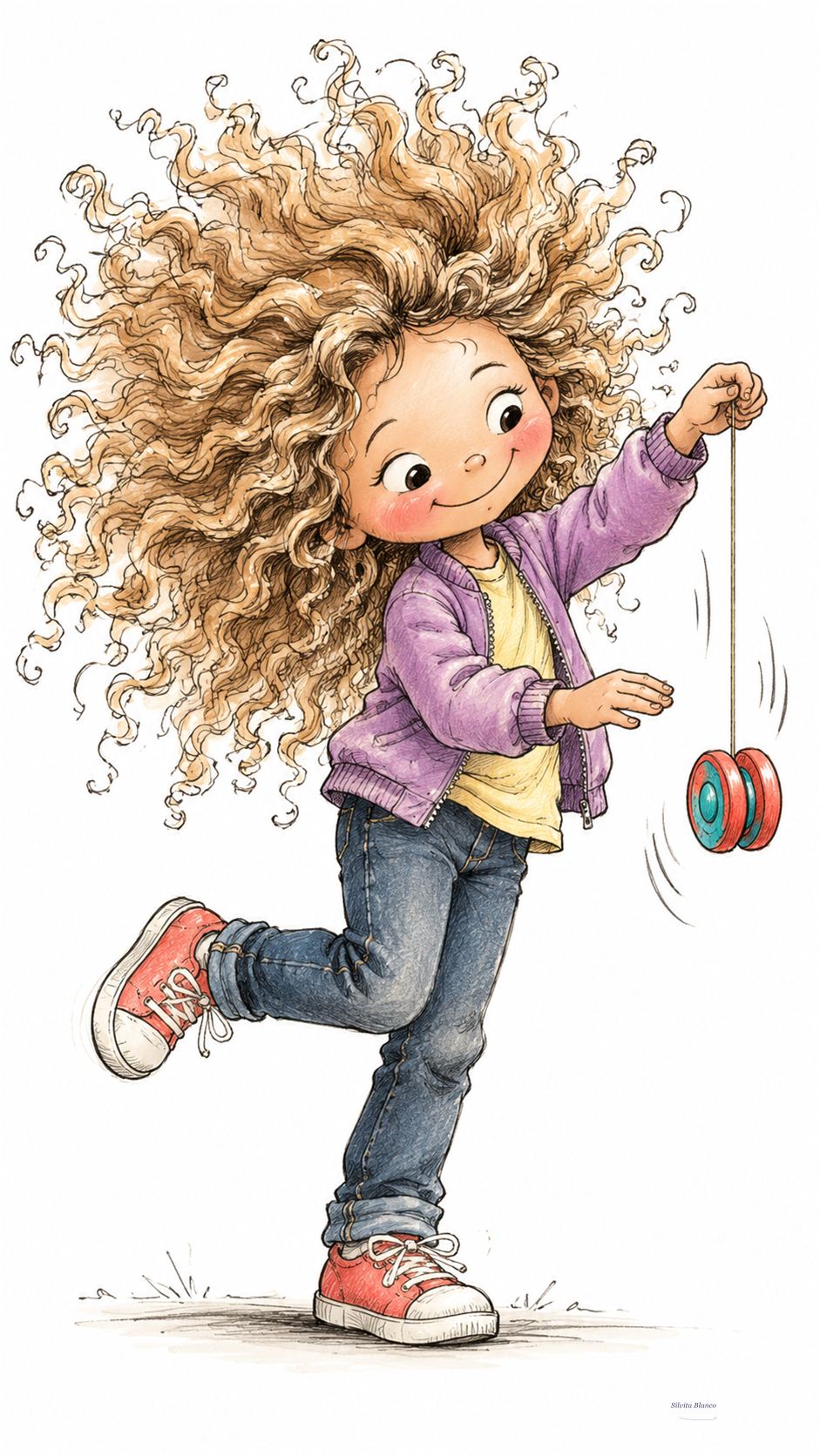 Niña de cabello rizado juega con un yo-yo en una escena infantil de acuarela.
