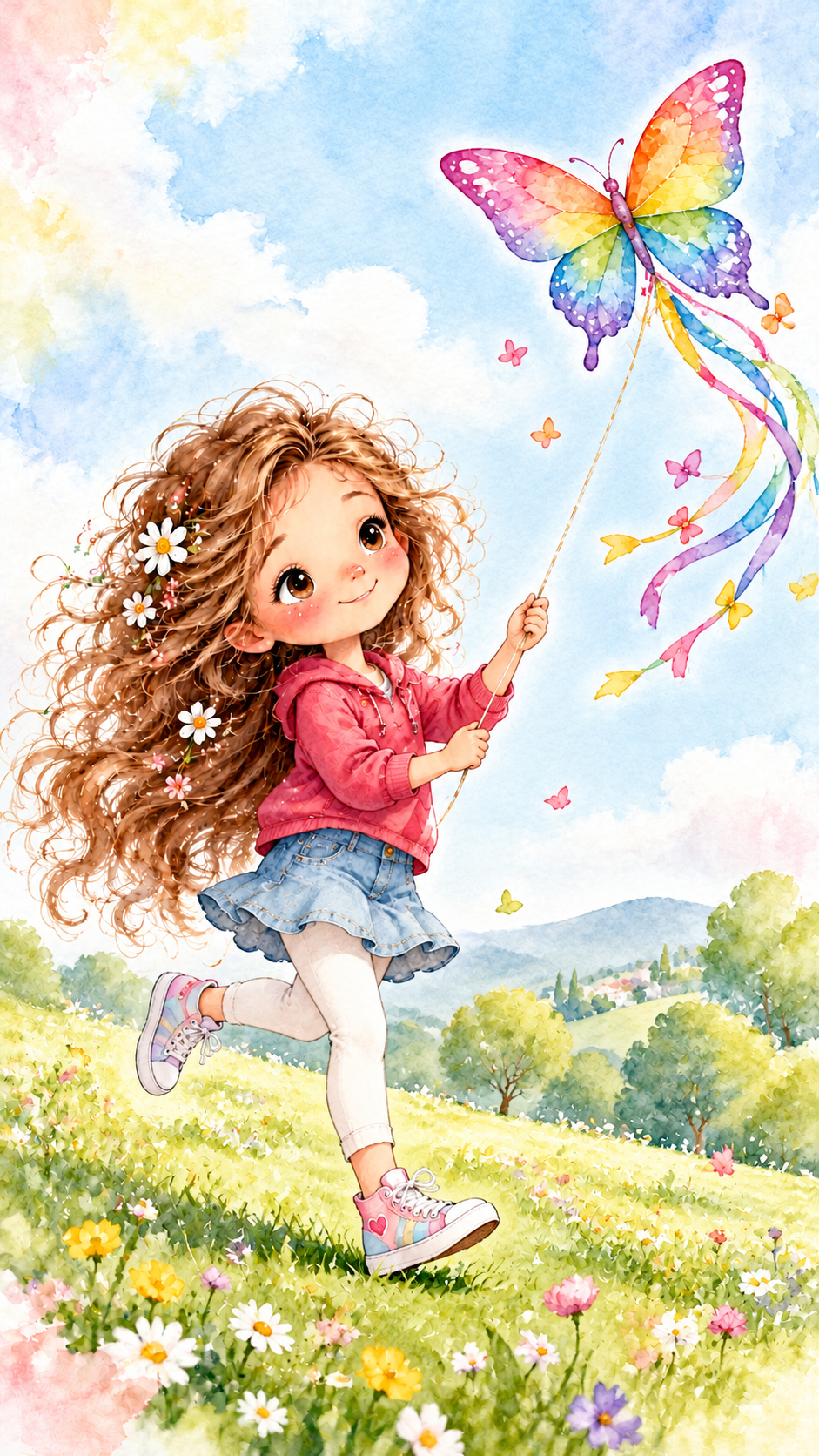 Niña corre por una colina mientras vuela una cometa de colores.