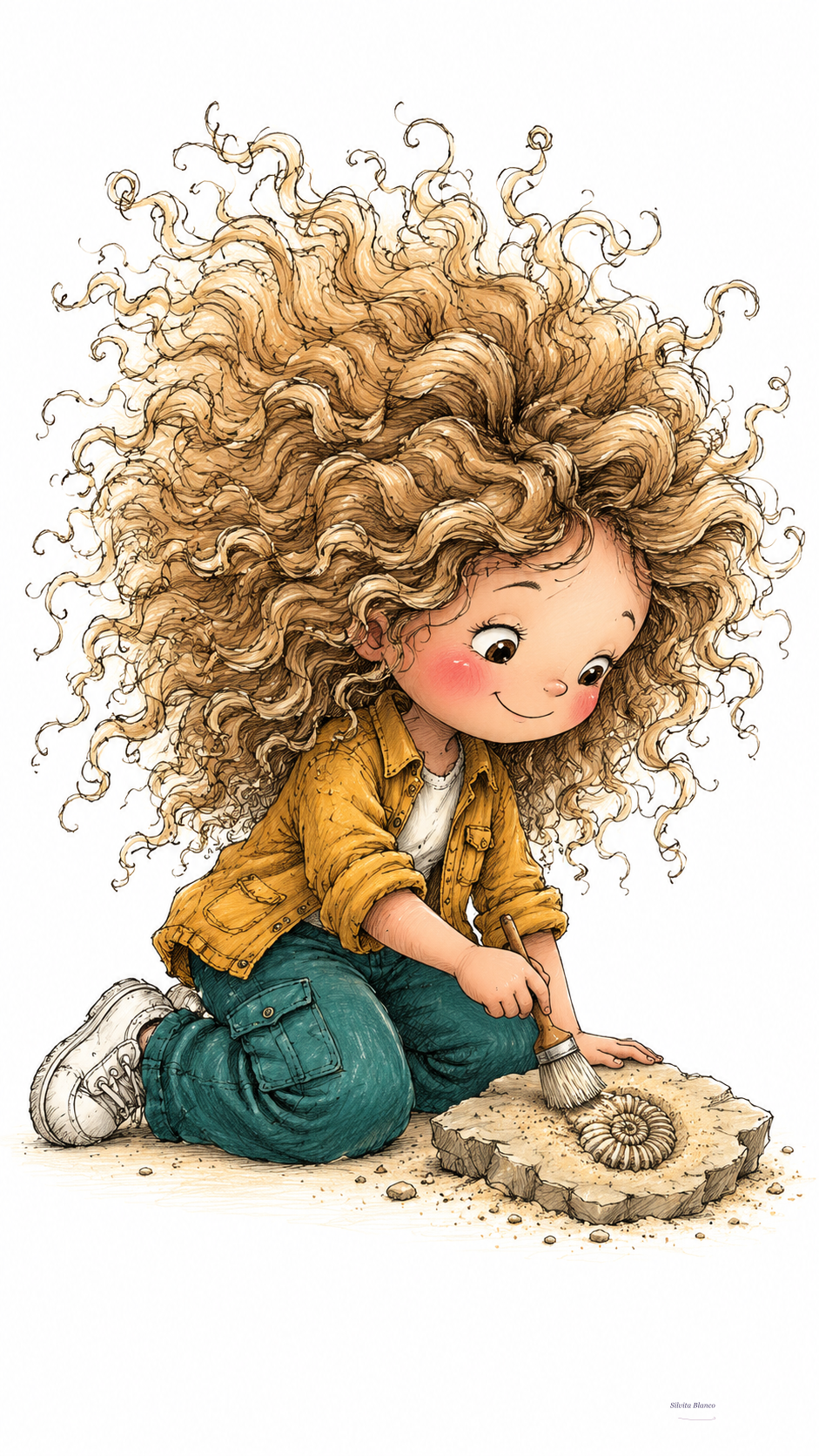 Niña de cabello rizado descubre un fósil en una ilustración infantil de acuarela.