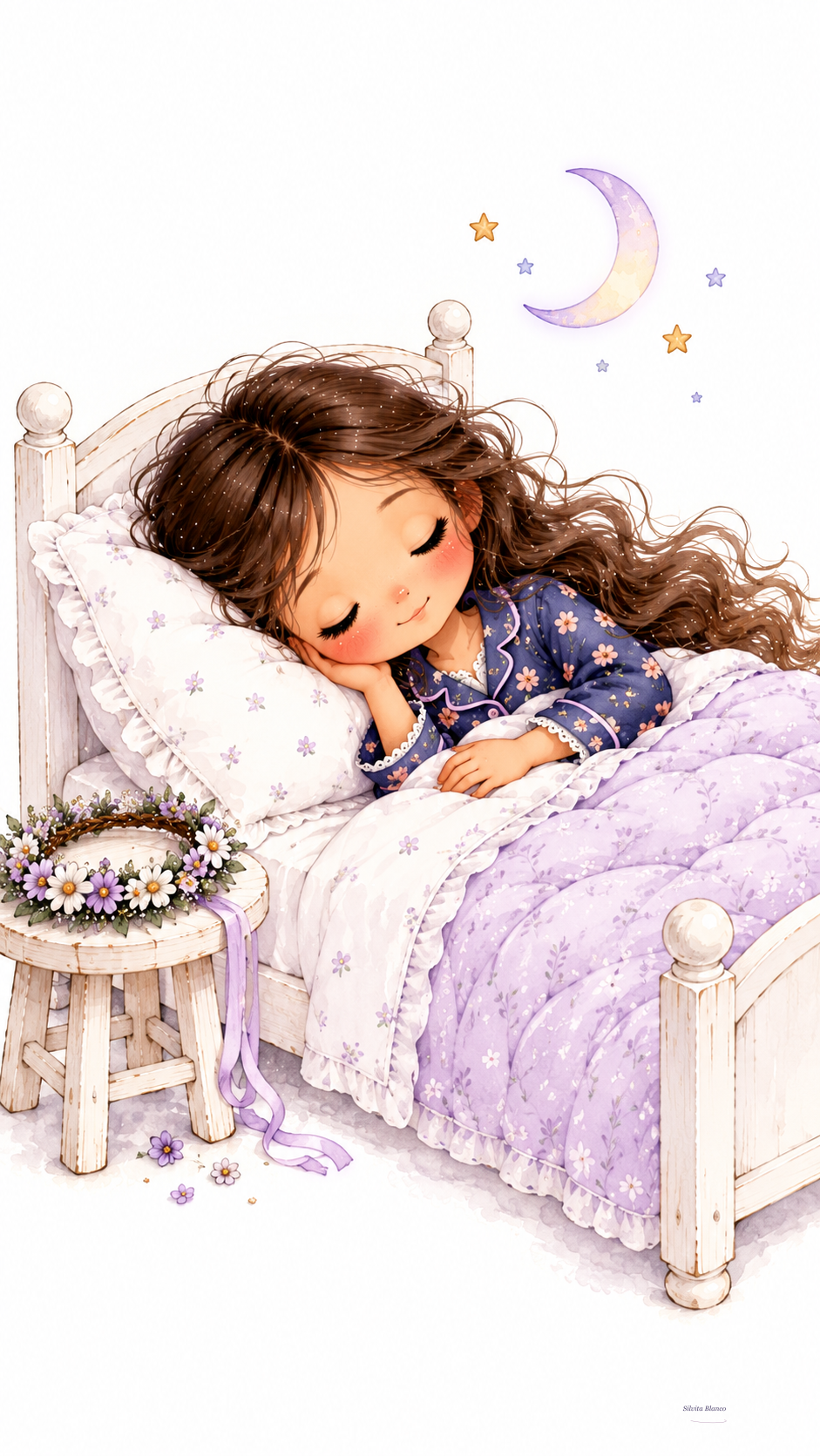 Niña duerme tranquilamente en su cama bajo una manta lavanda.