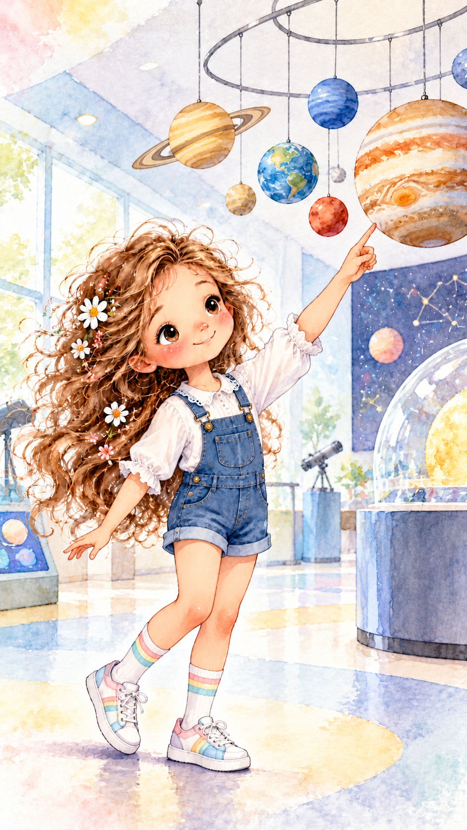 Niña observa planetas en una sala infantil de un museo de ciencias.