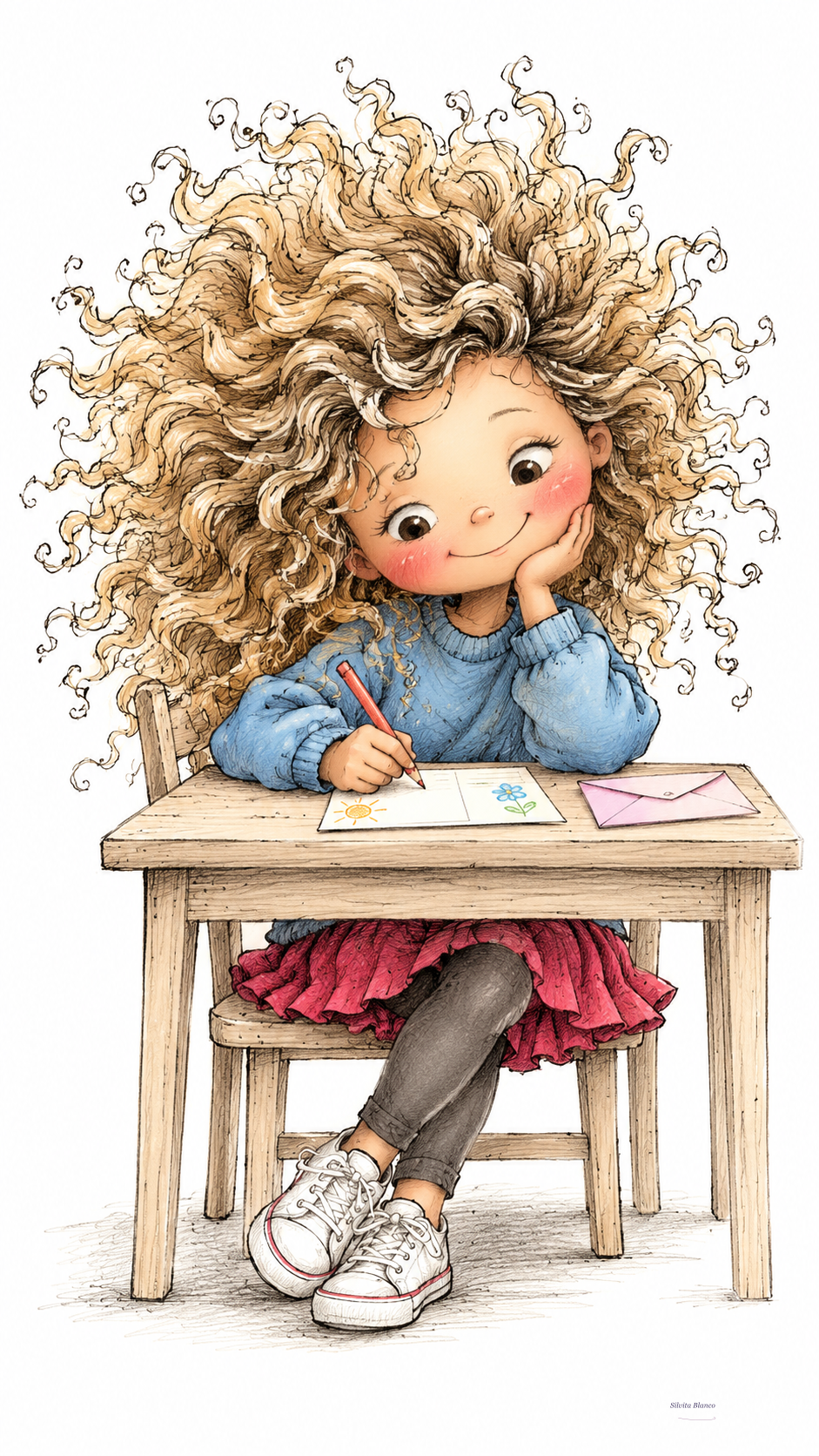 Niña sentada en su escritorio dibuja una postal.