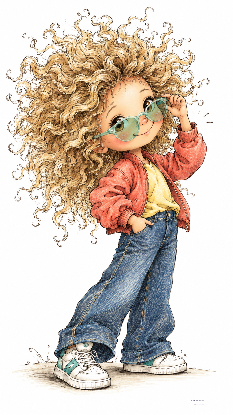 Niña de cabello rizado se prueba anteojos de sol en una ilustración infantil de acuarela.