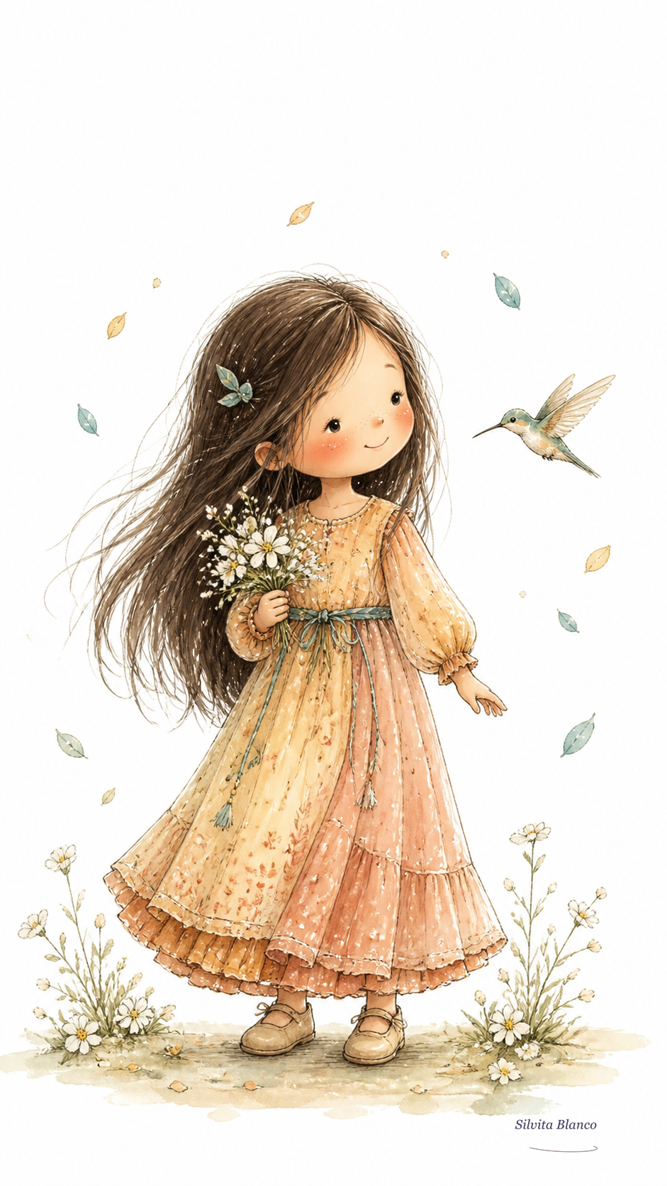 Niña con vestido color durazno observa un colibrí entre flores, hojas y margaritas en una ilustración de acuarela firmada por Silvita Blanco.