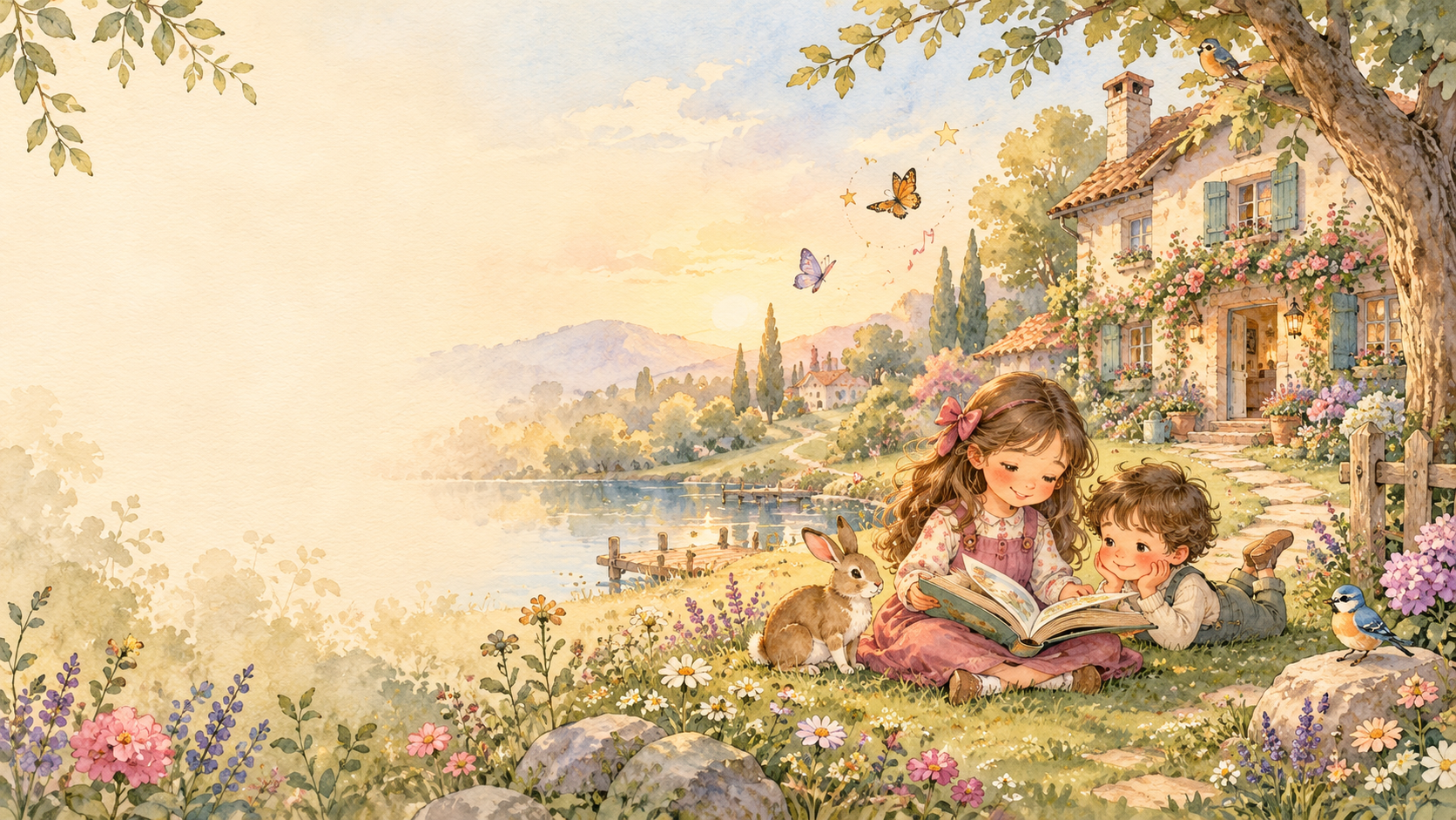 Niños leyendo junto a una casita encantada, rodeados de flores y un jardín de cuento
