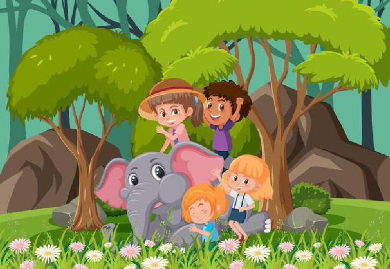 escenabosqueninosjugandoelefante